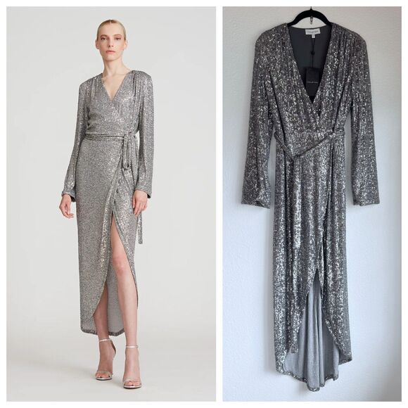 NWT Halston Women's Falan Sequined Cocktail Dress in Dark Silver Size 2 - Picture 1 of 15